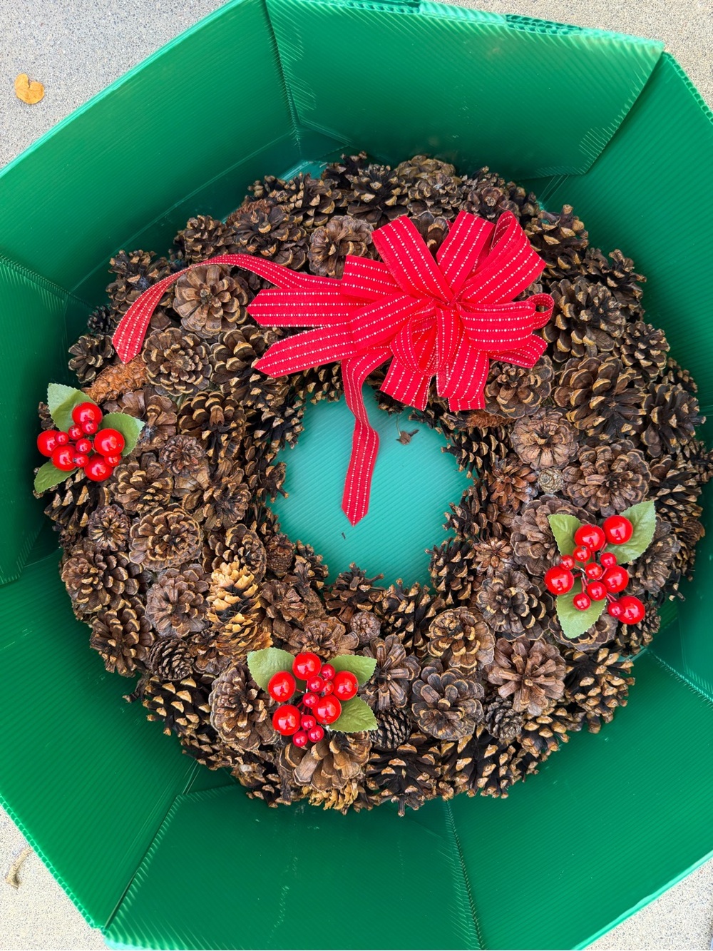 Festive Pinecone Holiday Wreath with Red Ribbon